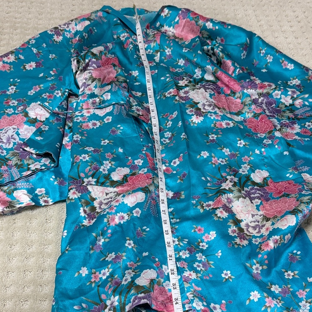 Source Unknown Teal and Pink Floral Satin Robe - Picture 6 of 7